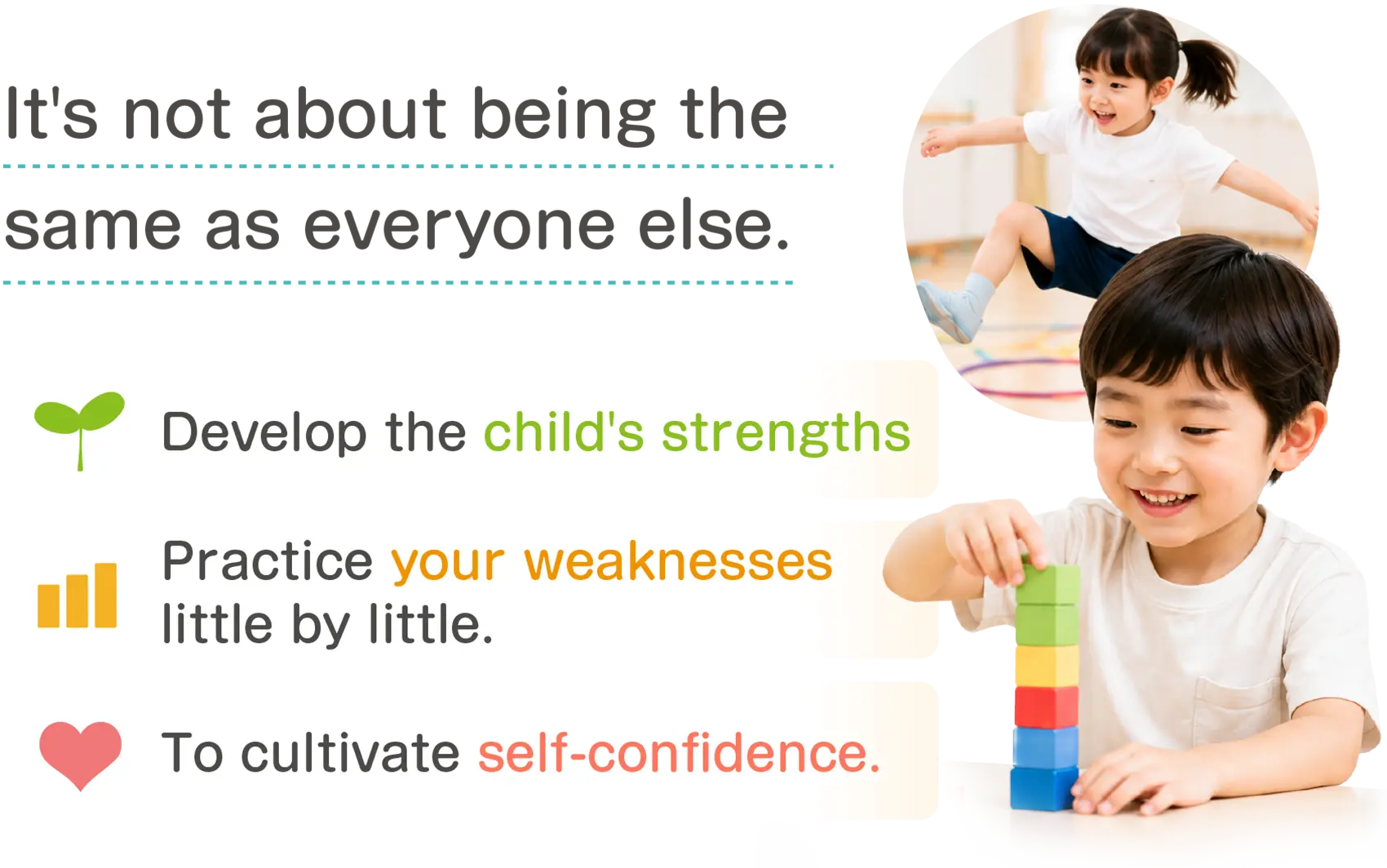It's not about making them the same as everyone else. It's about nurturing their strengths, gradually working on their weaknesses, and building their confidence.