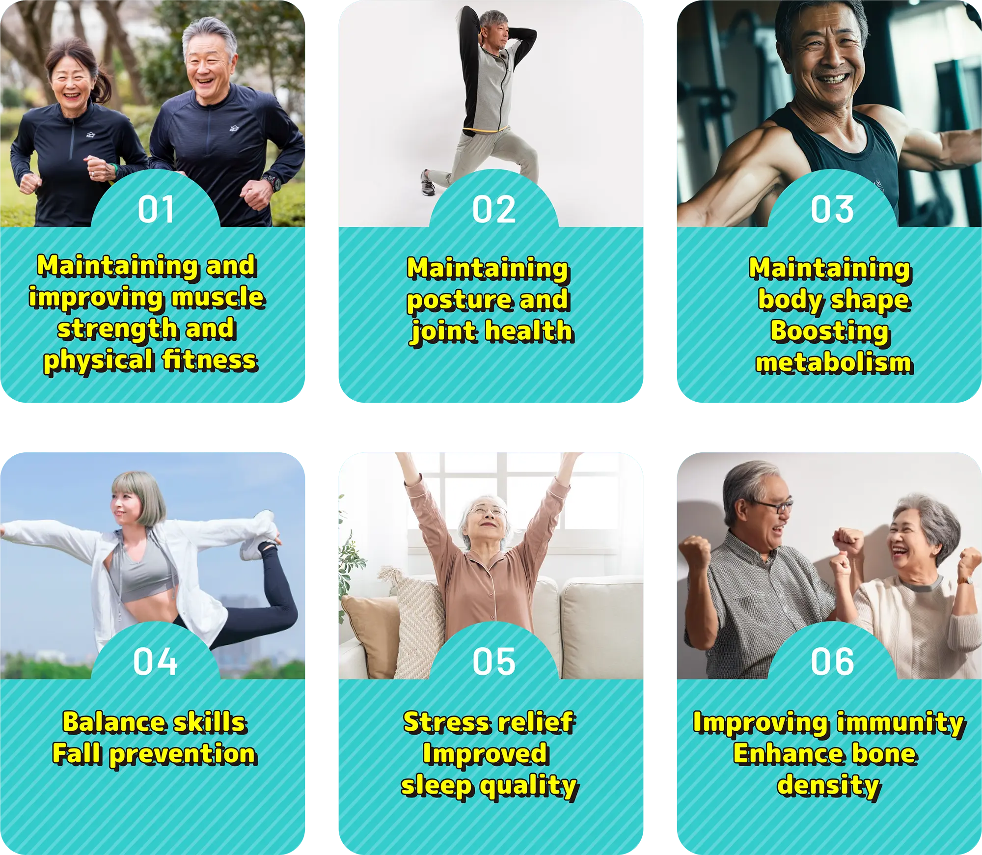 Benefits of exercise: Maintain physical fitness and health, and improve quality of life.
