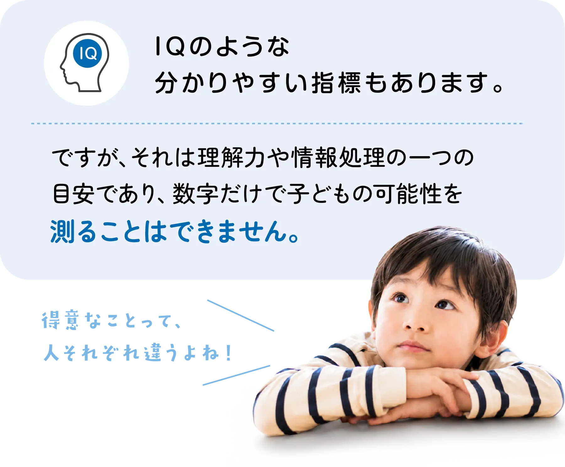 IQのような
分かりやすい指標もあります。ですが、それは理解力や情報処理の一つの目安であり、数字だけで子どもの可能性を測ることはできません。