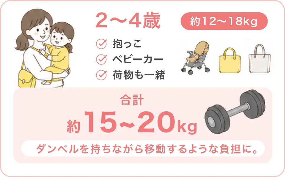 2~4歳は約12〜18kg。合計約15~20kg。ダンベルを持ちながら移動するような負担に。