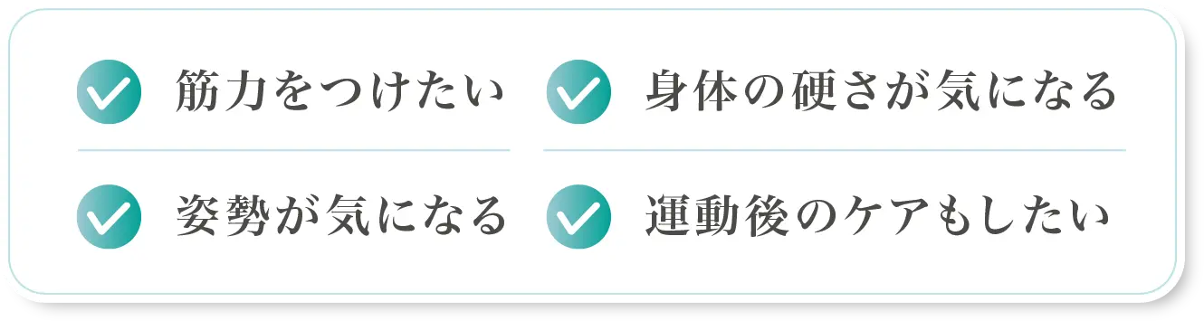 筋力をつけたい、身体の硬さが気になる、姿勢が気になる、運動後のケアもしたい　など