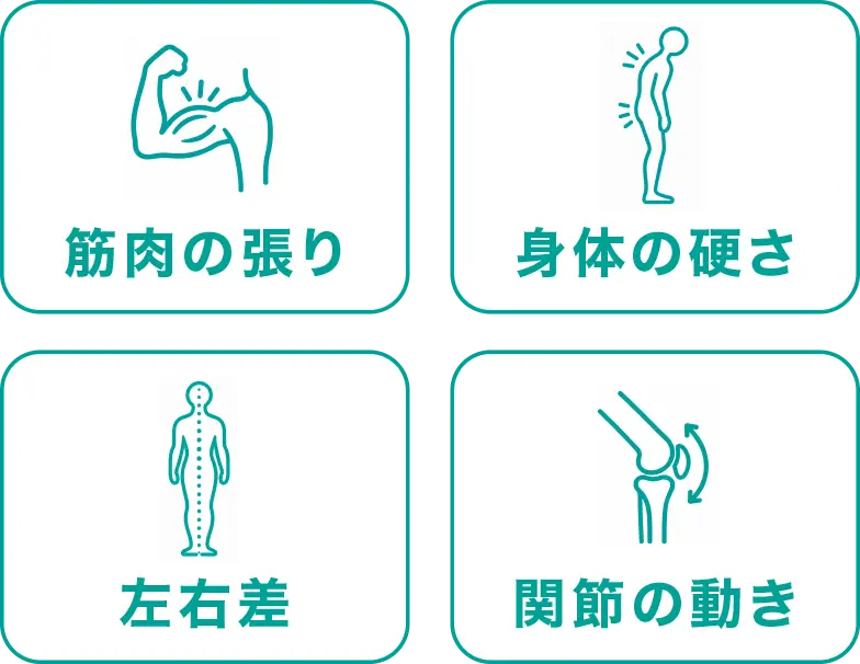 筋肉の張り。身体の硬さ。左右差。関節の動き。